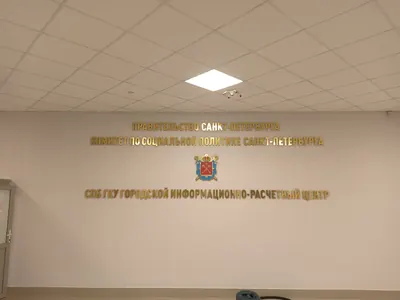 Интерьерная вывеска госучреждения: золотые объёмные буквы и герб Петербурга на стене